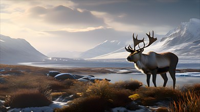 Reindeer grazing svalbards iceberg strewn tundra, AI generated