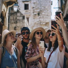 Cheerful group of tourists taking selfies in a historic street in the sunshine, AI generated