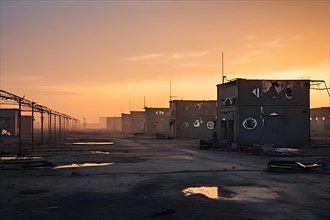 Deserted military base featuring empty barracks and abandoned tanks in silent, AI generated
