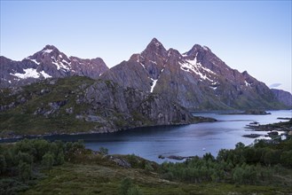 Mountain landscape on the Lofoten Islands. View over the Maervollspollen fjord to the mountains. At