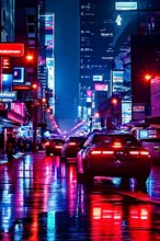 Nighttime cityscape main artery bustling with neon reflections on cars, AI generated