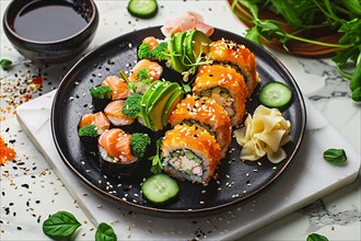 Plate of assorted sushi with avocado, salmon and fresh herbs, garnished with sesame seeds, AI