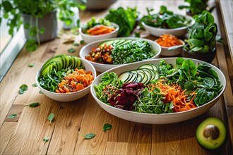 Healthy salad bowls with fresh greens, vibrant vegetables, and avocado on a wooden table, AI