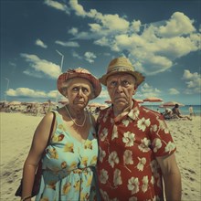 An elderly couple with disgruntled expressions stand on a sunny beach day, KI generated, AI