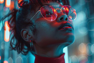 A woman's face is lit by neon lights, lending a modern, cyberpunk feel to the scene, AI generated