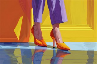 Colorful illustration of a person in purple trousers and orange high heels, AI generated