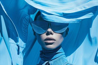 Stylish woman with sunglasses and flowing blue fabric around her, AI generated