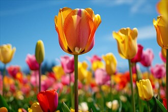 Close-up of a vibrant red and yellow tulip against a striking blue sky with soft clouds, AI
