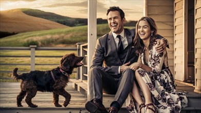 Happy elegant couple and their dog sitting on a porch, laughing together during sunset, romantic