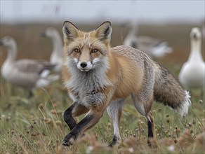 A fox in the field makes eye contact, geese and cloudy sky in the background, AI generated, AI