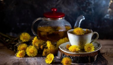 Cosy composition with coltsfoot tea and coltsfoot flowers on a wooden table, medicinal plant