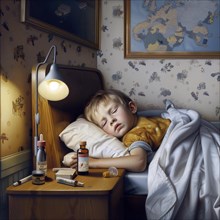 A sick child sleeps in bed with medicine on the bedside table and the light on, AI generated