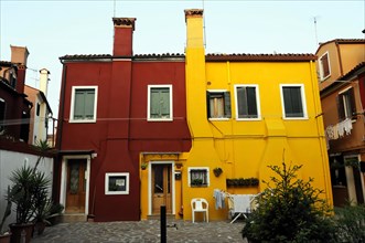 Colourful houses, Burano, Burano Island, Traditional red and yellow houses with shutters and