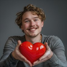 A young man with curly hair smiles and holds a red heart up to the camera, AI generated