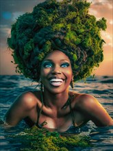 Joyous woman with green moss hairmoss growing and thriving, creating a mystical and enchanting