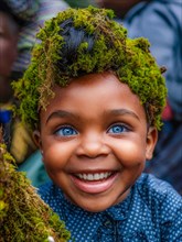 Blue-eyed child with a joyful expression wearing moss headwear outdoors, earth day concept, AI