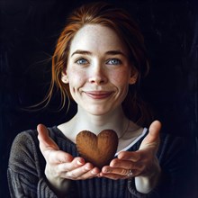 A young woman with freckles holds a heart and smiles gently, AI generated