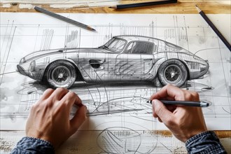 A designer in the field of automotive design, industrial design sketches a sports car from the