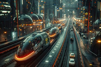 Futuristic trains travel through a neon-lit cityscape in an urban environment at night, AI
