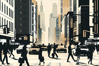 Dynamic illustration of busy city life with pedestrians hustling along a sunny city street amid