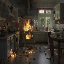 A country-style kitchen is on fire with visible disorder and chaos, AI generated
