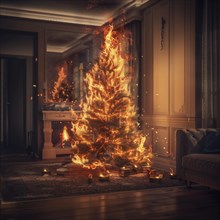 A Christmas tree in flames stands in a room in twilight, AI generated