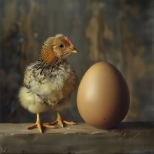 A fluffy chick next to an egg, looks curious and amazed, AI generated