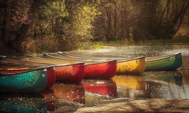 A row of colorful canoes parked beside a sparkling spring river AI generated