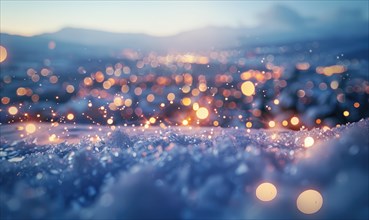 Bokeh lights sparkling against a snowy landscape, closeup view AI generated