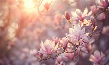 Magnolia blossoms illuminated by soft sunlight filtering through the trees AI generated