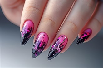 Close-up of elegant stiletto manicure with pink and black glitter design, AI generated