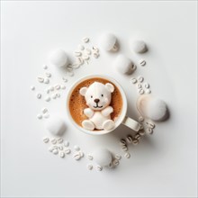 A top view of a playful bear-shaped latte art in a coffee cup, surrounded by marshmallows and