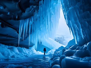 Explorer ventures into ice cave, AI generated
