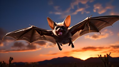 Pallid bat mid flight illuminated by twilight in the intricate saguaro desert, AI generated