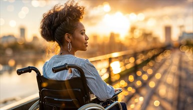 Thoughtful woman in a wheelchair on a bridge, overlooking an urban river at sunset, AI generated