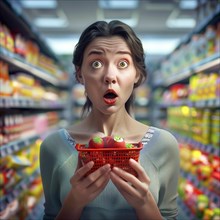 Woman has a shocked look on her face when looking at tomatoes in the supermarket, AI generated