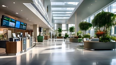 Spacious hospital lobby featuring touch free registration kiosks, AI generated, modern,