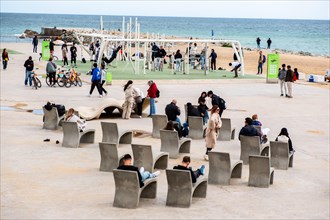 Benches and gym on the beach in Barcelona, Spain, Europe