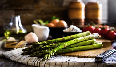 Green asparagus in a rustic farmhouse kitchen, AI generated, AI generated