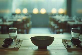 Moody image of Asian soup bowl on wooden table in a dimly lit dining space, AI generated