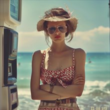 An anxious young woman with a vintage look stands in front of a parking meter on a sunny beach, AI
