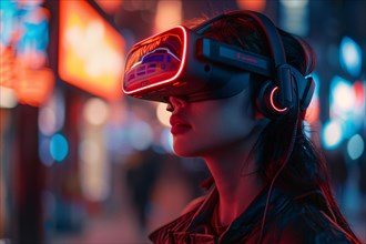 A woman wearing a VR headset illuminated by vibrant neon lighting, AI generated