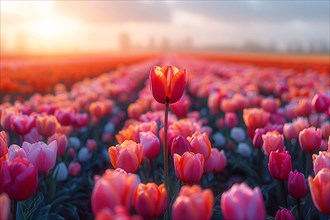 A single tulip stands tall in a field bathed in sunrise glow, AI generated