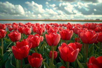 Bright red tulips flourishing under a dramatic cloud-filled sky, AI generated