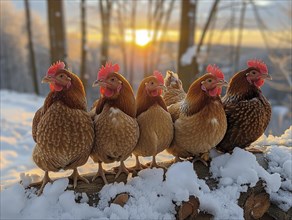 Group of chickens on a log against a snowy backdrop with a sunset, AI generiert, AI generated