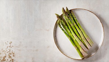 A simple plate with green asparagus on a rustic linen background, KI generated, AI generated