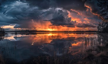 A dramatic stormy sky looming over the horizon, with dark clouds and flashes of lightning reflected
