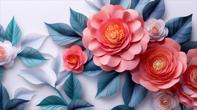 Intricate 3D paper art featuring coral roses and blue leaves against a grey backdrop, ai generated,