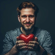 Happy young man with beard holding a shiny red heart and smiling into the camera, AI generated