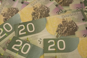 Close-up of reverse side of green, yellow, white, brown and pink Canadian Bank of Canada twenty